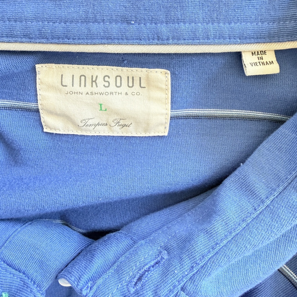 LinkSoul Men’s Polo Shirt Large Blue Stripe Cotton Golf Casual Short Sleeve